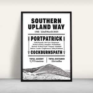 Impression d'art personnalisée du sentier national du Southern Upland Way / Impression jet d'encre personnalisée / Décoration murale typographique / Cadeau d'aventure à pied au Royaume-Uni