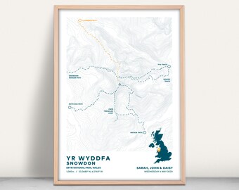 May include: A white and blue topographic map of Yr Wyddfa, also known as Snowdon, in Eryri National Park, Wales. The map shows the different hiking trails, including the Pyg Track, the Miners Track, the Watkin Path, and the Rhyd Ddu Path. The map also includes the elevation of Snowdon, which is 1,085 meters. The map is titled "Yr Wyddfa Snowdon" and includes the names "Sarah, John & Daisy" and "Wednesday 6 May 2020".