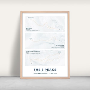 Three Peaks Challenge Personalised Map Contour Art Print / Giclee print  / Scafell Pike, Ben Nevis,  Snowdon / Custom UK gift / Hiking route