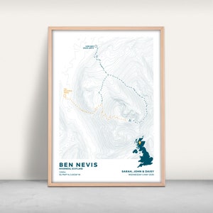 Impression personnalisée des contours de la carte du Ben Nevis, Écosse / Cadeau giclée / Poster des Highlands écossais / Souvenir du Défi des trois pics / Décoration murale