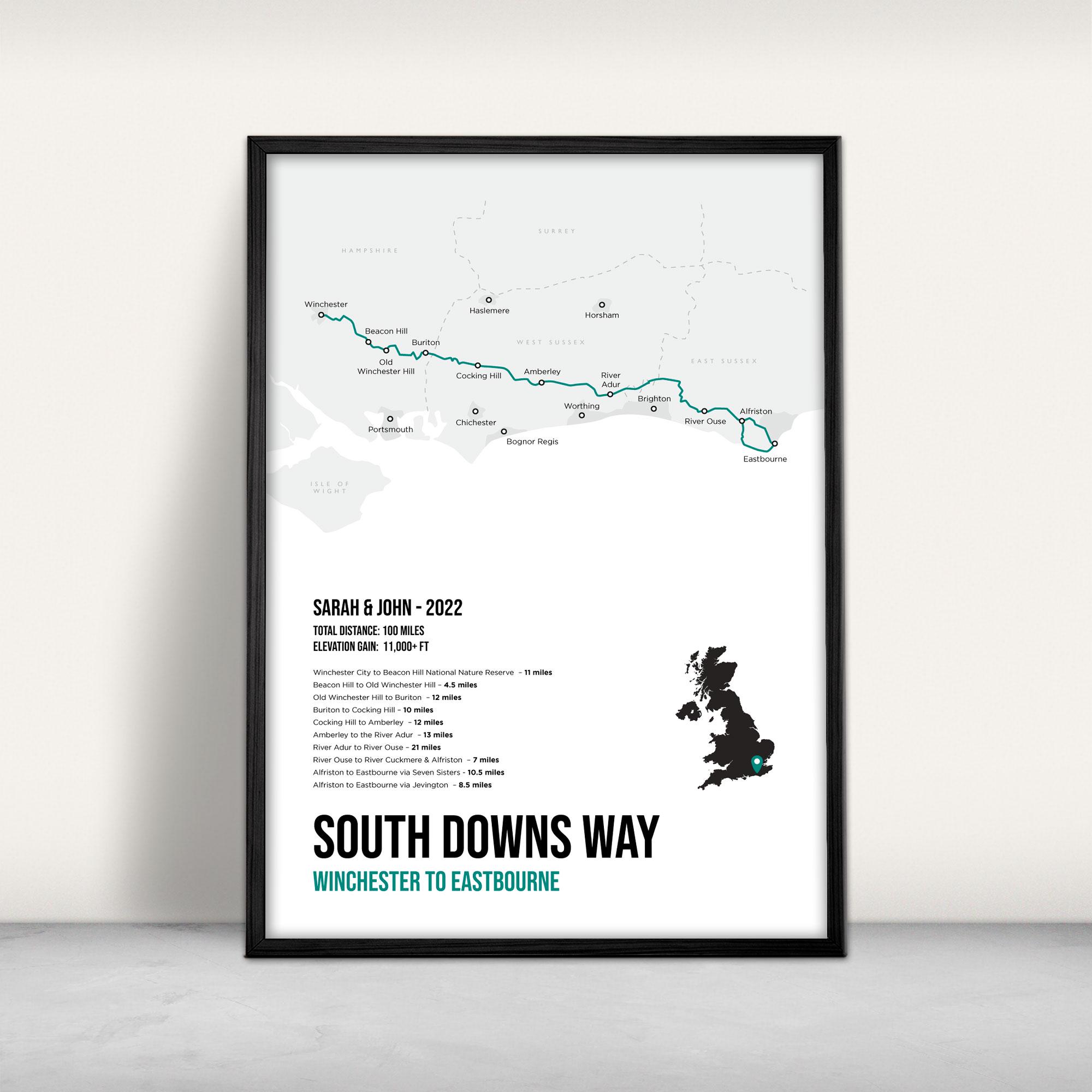 South Downs Way Custom Art Print / Personalised Giclee print / UK national trail map / walking gift wall decor / Sussex and Hampshire