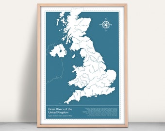 Rivers of the United Kingdom Map Art Print / Giclee print / UK map gift / UK river walking guide / Wye, Thames, Severn, Trent, Ouse, Avon