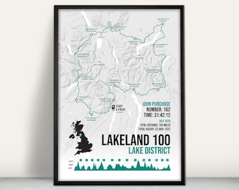 Lakeland 100 and 50 2026 Ultra Marathon Personalised Art Print: Custom Lake District Map Gift