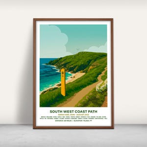Impression d'art de voyage personnalisée sur le sentier de la côte sud-ouest / Impression jet d'encre personnalisée / Cadeau sur le sentier national / Poster de voyage, cadeau de marche / Illustré
