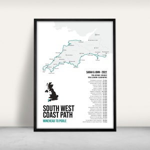 South West Coast Path Art Print / Giclee print / National trail map / Personalised walking gift / Modern design / Cornwall, Devon & Dorset