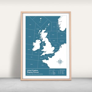Impression d'art de carte de prévisions d'expédition de la BBC / Impression jet d'encre / Cadeau carte du Royaume-Uni / Guide des mers du Royaume-Uni / Art mural voile / Décoration murale Grande-Bretagne / Mer du Nord