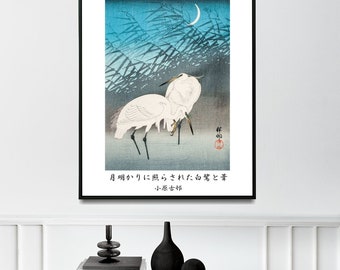 Japanese Vintage Wall Art • Egrets and Reeds in Moonlight by Ohara Koson • Vintage Japanese Art Print / Poster