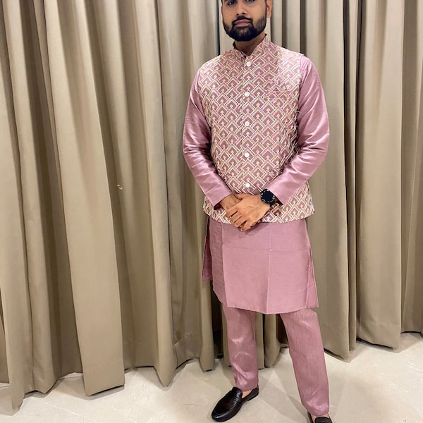 Élégante veste Jodhpuri Dusty Pink Nehru Modi avec ensemble de pyjama Kurta