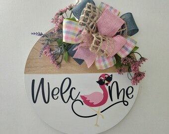 Pink Flamingo Front Door Wreath, Summer Door Hanger, Pink Flamingo Door Sign, Pink Flamingo Decor, Summer Wreath, Welcome Door Hanger