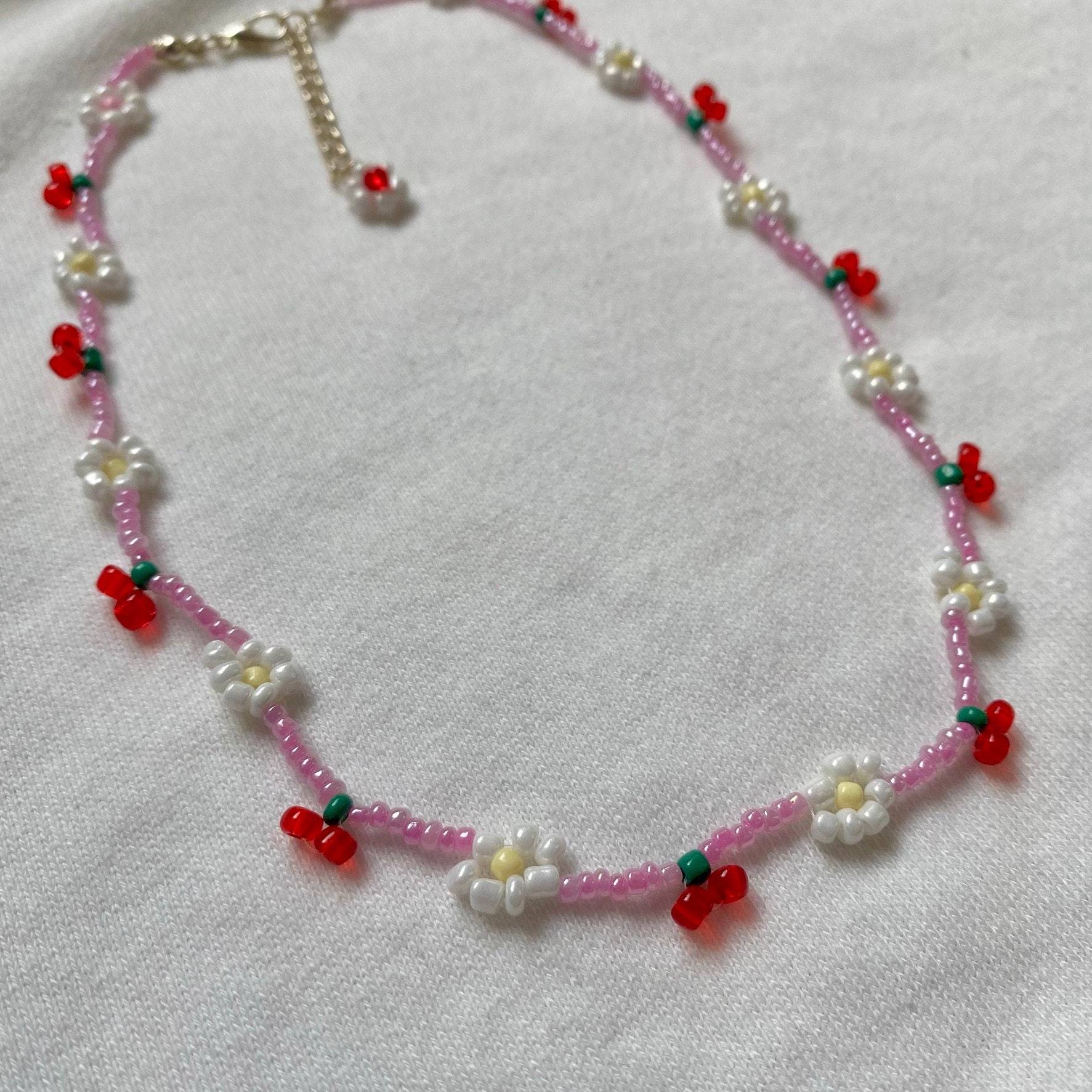 Handmade Pink Seed Bead Necklace With Red Cherries and Classic Etsy UK