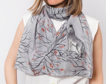 Wolf Print Silk Scarf Hand Painted Wolf Print Scarf Grey Silk Scarf Winter Scarf Wolf Scarf Animal Print Scarf Christmas Silk Scarf 59X14