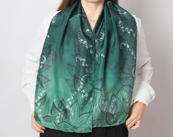 Lily of the Valley Scarf Green Silk Scarf Hand Painted Silk Scarf Muguet Floral Print Scarf Silk Pure Silk Scarf Mother Gift 53X13