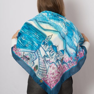 Santorini Greece Hand Painted Silk Scarf Large Silk Square Scarf Pure Silk Scarf Travel Scarf Wife Anniversary Gift Birthday Gift 35X35