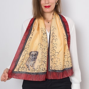 Pug Lover Hand Painted Silk Scarf Beige Silk Scarf Pug Print Scarf Dog Scarf Pug Scarf Dog Lover Gift Pug Mom Gift Birthday Gift 52X14