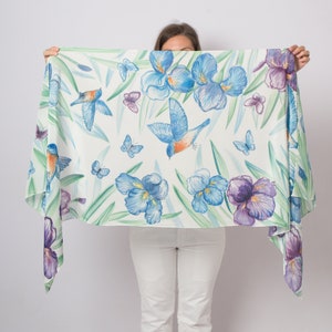 Iris Floral Silk Scarf Hand Painted Silk Scarf Bearded Iris Blue Bird Scarf Long Silk Scarf Bridal Shawl Pure Silk Scarf Gift for Wife 68X24