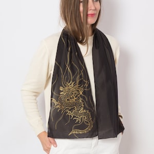 Dragon Scarf Hand Painted Black Gold Silk Scarf Dragon Print Scarf Pure Silk Scarf Dragon Gift Christmas Gift 53X11
