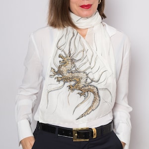 Dragon Print Hand Painted Silk Scarf Black White Silk Scarf Dragon Scarf White Silk Scarf Dragon Print Summer Scarf Birthday Gift 53X11