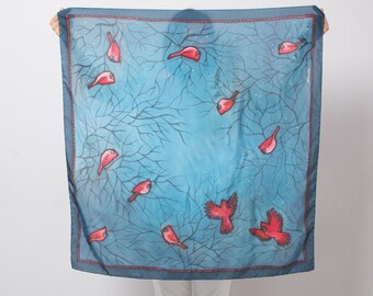 Cardinal Bird Hand Painted Silk Scarf Cardinal Scarf Bird Christmas Scarf Winter Scarf Pure Silk Scarf Christmas Gift for Mom, Grandma 35X35