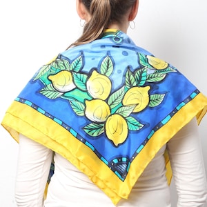 Lemon Hand Painted Silk Scarf Blue Yellow Square Scarf Lemon Scarf Amalfi Wedding Naples Italy Gift Positano Gift Anniversary Gift 35X35