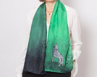 Wolf Hand Painted Silk Scarf Wolf Print Scarf Green Silk Scarf Ombre Scarf Wolf Scarf Animal Print Scarf Christmas Scarf Wolf Gifts 53X14