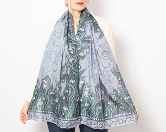 Floral Silk Scarf Hand Painted Silk Scarf Snowdrop Grey Scarf Long Silk Scarf Snowdrops Silk Shawl Gift for Wife, Mother, Grandma 68X22