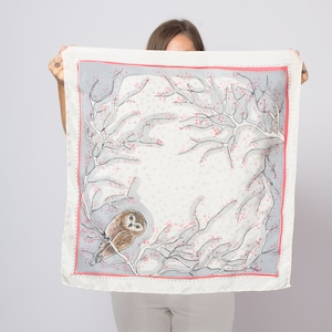 Owl Scarf Hand Painted Silk Scarf Owl Shawl Grey Silk Scarf Bird Scarf Lightweight Small Square Scarf Silk Bandana Winter Scarf Gift 25X25