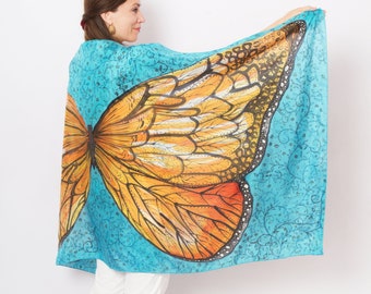 Butterfly Wings Scarf Hand Painted Silk Scarf Butterfly Print Blue Silk Scarf Long Silk Scarf Silk Shawl Mother Day Gift Wedding Gift 71X35