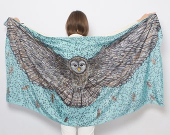 Owl Hand Painted Silk Scarf Owl Wing Scarf Grey Silk Scarf Bird Scarf Silk Scarf Women Large Silk Scarf Shawl Valentines Gift DHL 79X36
