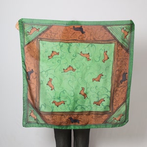 Dachshund Hand Painted Silk Scarf Green Silk Scarf Dachshund Gift Sausage Dog Silk Square Scarf Animal Print Scarf Dog Lover Gift 35X35