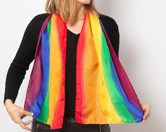 Hand Painted Silk Rainbow Pride Scarf LGBTQ Gay Valentines Gift 53X14