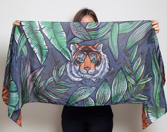 Tiger Print Hand Painted Silk Scarf Tiger Scarf Tropical Scarf Green Silk Scarf Jungle Forest Palm Leaves Long Silk Scarf Birthday Gift