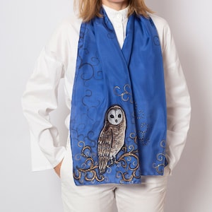 Owl Scarf Hand Painted Silk Scarf Owl Print Blue Silk Scarf Bird Scarf Pure Silk Scarf Owl Print Scarf Summer Silk Scarf Owl Gifts 59X13