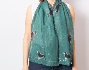 Wiener Dog Hand Painted Silk Cotton Scarf Green Scarf Dachshund Dog Lover Scarf Sausage Dog Badger Dog Dachshund Gifts Mom Gift 57X14