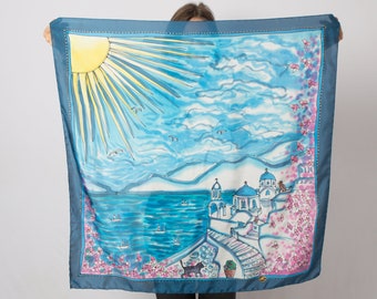 Santorini Hand Painted Silk Scarf Pure Silk Scarf Greece Square Scarf Women Pure Silk Scarf Travel Gift Anniversary Gift Mother Day  35X35