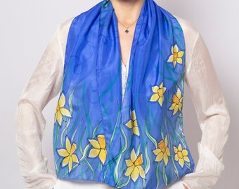 Daffodil Hand Painted Silk Scarf Blue Yellow Daffodil Scarf Pure Silk Scarf Daffodil Gifts Mother Day Gift Floral Silk Scarf 53X14