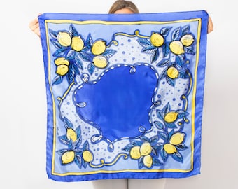 Positano Hand Painted Silk Scarf Lemon Print Square Head Scarf Lemon Scarf Blue Silk Scarf Square Silk Scarf Italy Summer Scarf Women 29X29