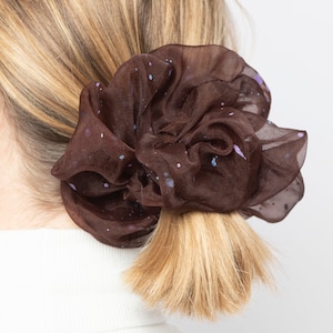 Dark Brown Silk Organza Scrunchie Galaxy Print Party Scrunchie Pure Silk Summer Scrunchie Hair Tie Hair Accessories Gift for Her