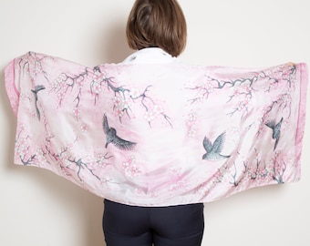 Sakura Hand Painted Silk Scarf Pink Silk Shawl Cherry Blossoms Sakura Print Wedding Scarf Floral Silk Scarf Mother Day Gift Long Silk Scarf