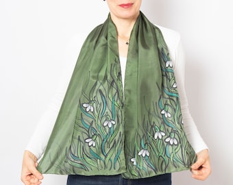 Hand Painted Silk Scarf Snowdrop Gifts Floral Silk Scarf Moss Green Silk Scarf Pure Silk Scarf Snowdrops Easter Scarf Mother Day Gift  53X13