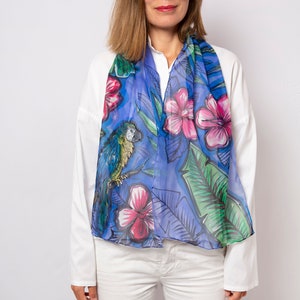 Parrot Hand Painted Silk Scarf Blue Silk Chiffon Scarf Parrot Print Bird Scarf Tropical Summer Scarf Hibiscus Print Parrot Gifts 55X13