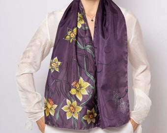 Purple Hand Painted Silk Scarf Daffodil Scarf Pure Silk Scarf Daffodil Gifts Mother Day Gift Floral Scarf Silk Head Scarf Spring Scarf 53X14