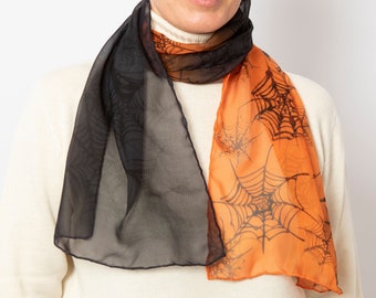 Halloween Hand Painted Silk Scarf Gothic Scarf Orange Silk Chiffon Scarf Halloween Scarf Spider Web Print Spider Print Fall Scarf 54X12