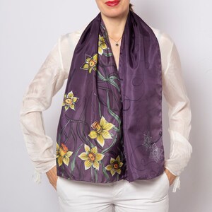 Daffodil Hand Painted Silk Scarf Daffodil Scarf Purple Silk Scarf Daffodil Gifts Mother Day Gift Floral Spring Scarf Gift for Her 53X14