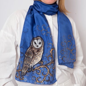 Owl Scarf Hand Painted Silk Scarf Owl Shawl Ombre Blue Silk Scarf Bird Scarf Pure Silk Scarf Owl Print Birthday Gift Wife Gift 61X18