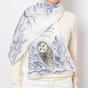 Owl Scarf Hand Painted Silk Scarf Owl Silk Cotton Scarf Bird Scarf Winter Scarf White Silk Scarf Owl Gifts Bird Lover Gift 57X16
