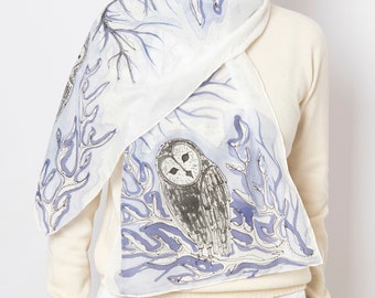 Owl Hand Painted Silk Scarf Owl Scarf Silk Cotton Scarf Bird Scarf Winter Scarf White Silk Scarf Owl Gifts Bird Lover Gift Mom Gift57X16
