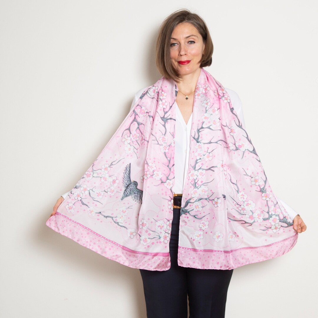 Hand Painted Pink Silk Scarf Cherry Blossom Floral Spring Shawl Wife ...