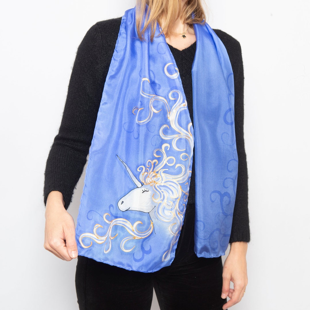 Unicorn Hand Painted Silk Scarf Unicorn Print Blue Silk Scarf Fantasy ...
