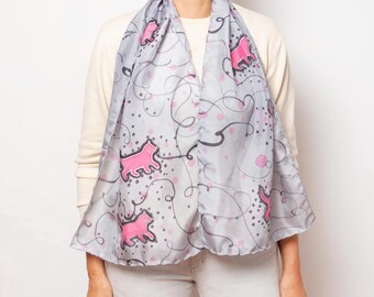 Cat Hand Painted Grey Silk Scarf Kitten Cat Mom Gift Grandma Gift