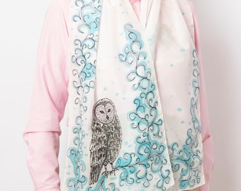 Owl Hand Painted Silk Scarf Owl Scarf Silk Cotton Scarf Bird Scarf Spring Scarf White Silk Scarf Owl Gifts Bird Lover Gift 57X16